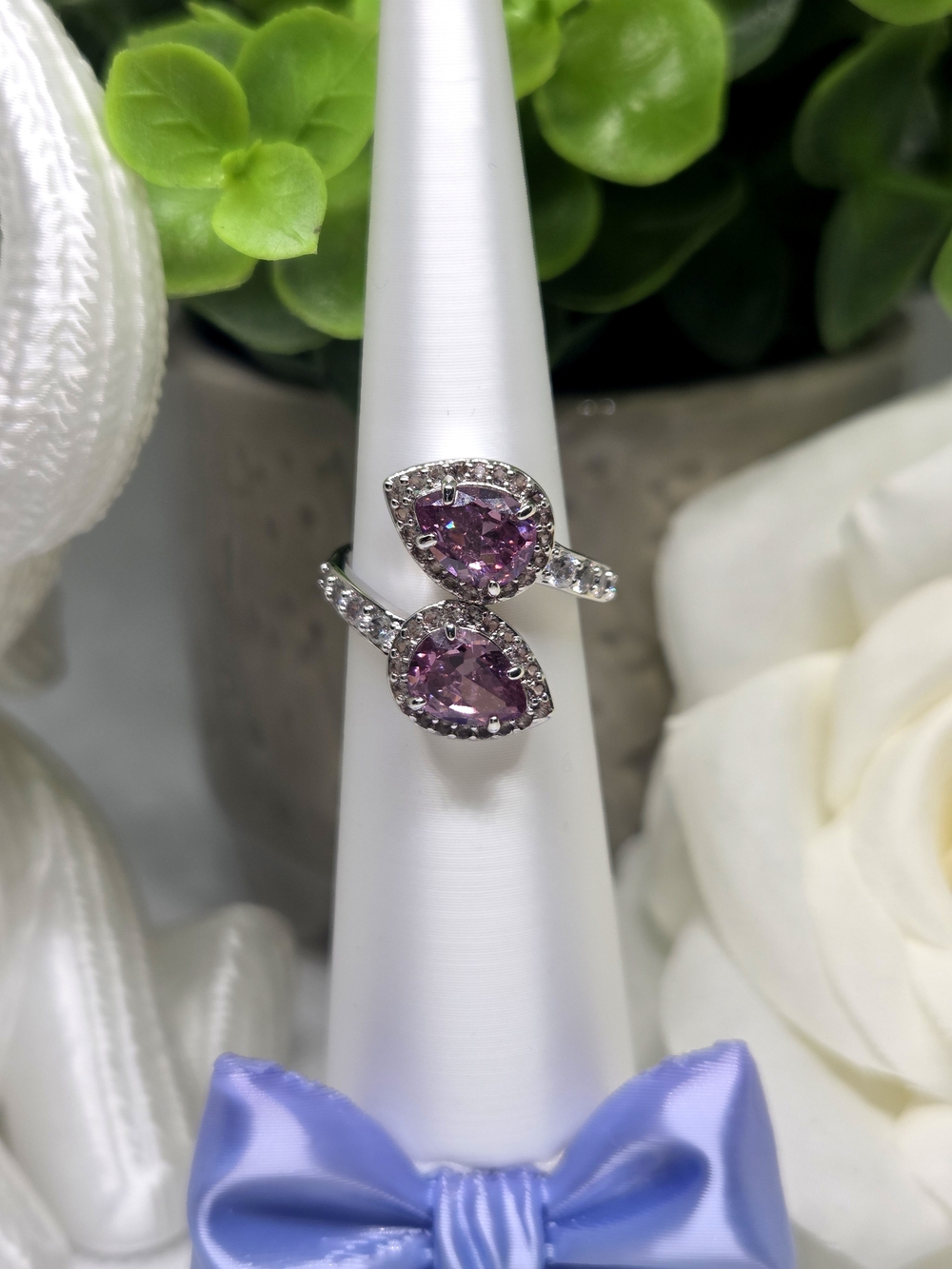 BP Pink Rose Quartz Teardrop Double Halo Ring